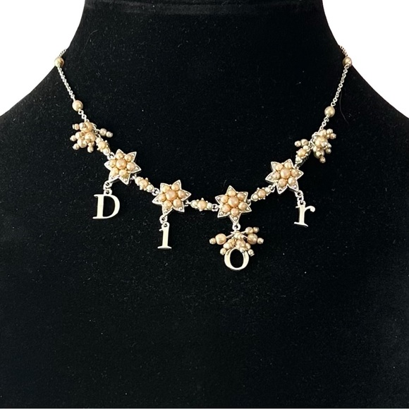 Dior Champagne Pearl & Silver Spell Out Engraved Adjustable Necklace - Picture 14 of 15